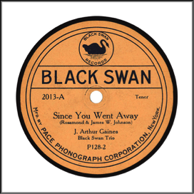Black Swan Record Label: Black Swan, an almost exclusively “race record” label. May be seen in orange and black, yellow, red, blue, black, purple, or red. Note black swan icon at top.