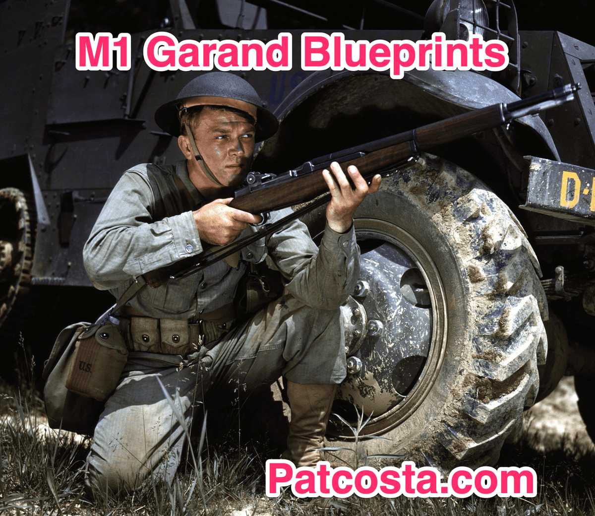 Soldier holding an m1 garand rifile in front of am m3 halftrack