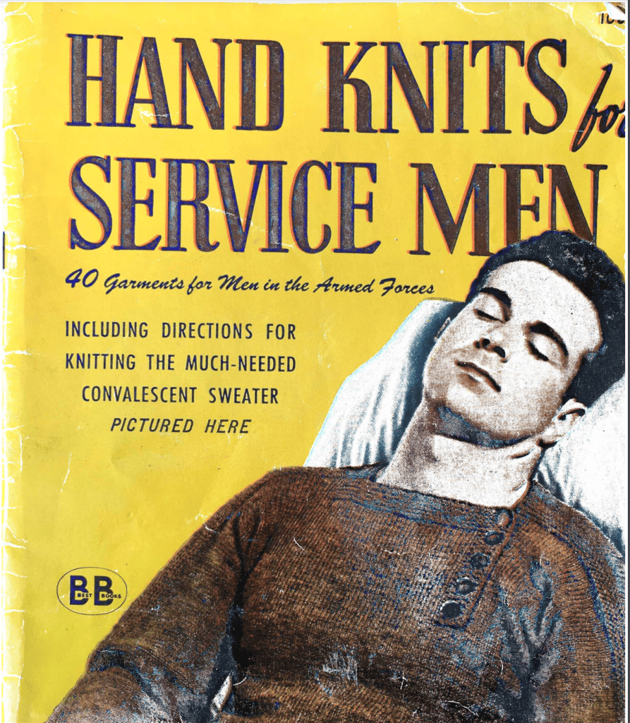 Hand Knits for Service Men front page with solider resting in a bed. Background of page is yellow.