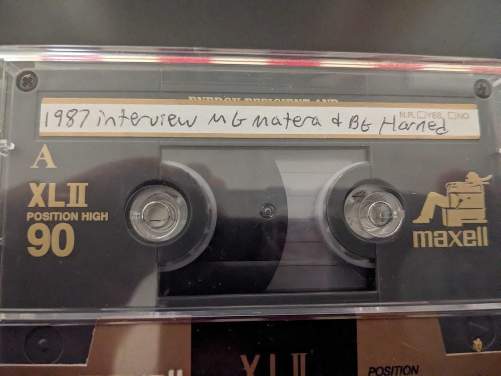 Black 90min cassette tape labeled 1987 Interview MG Matera and BG Harned
