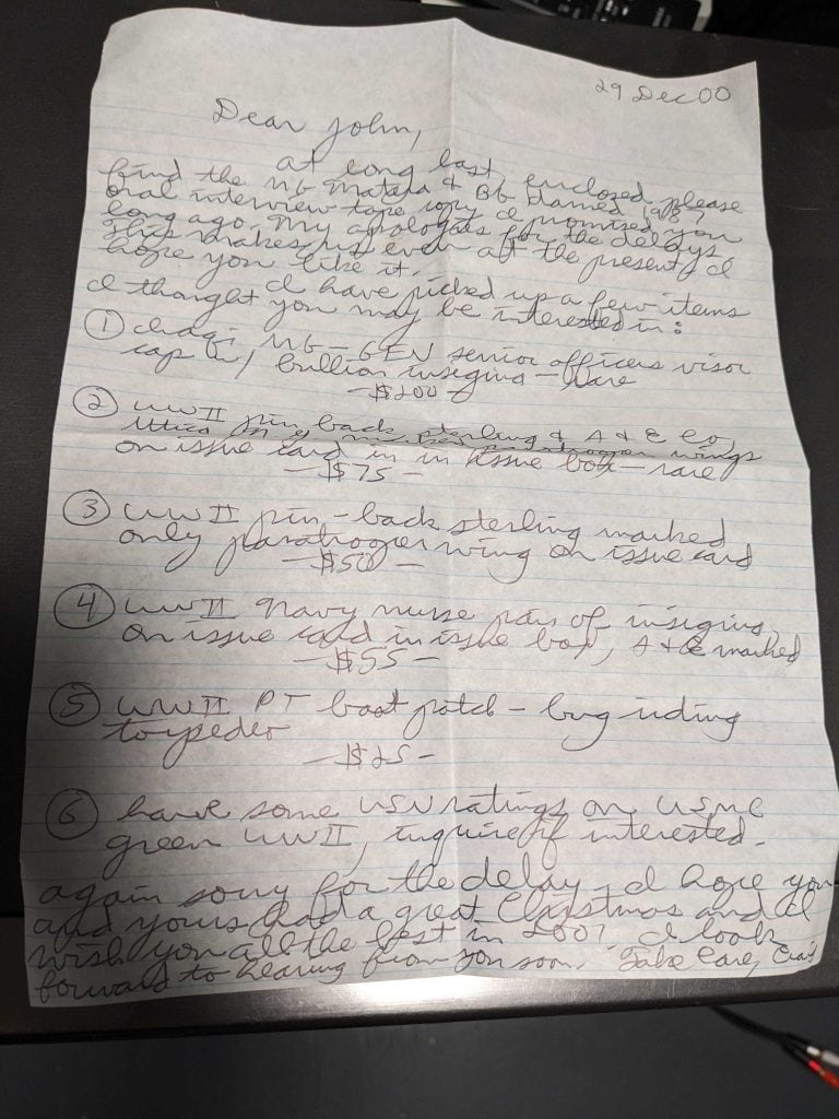 Letter written by craig sending the tape to someone named john