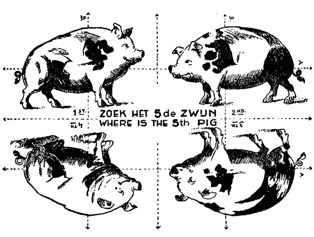 Picture of 4 pigs that when folded along the dotted lines show an image of Hitler.